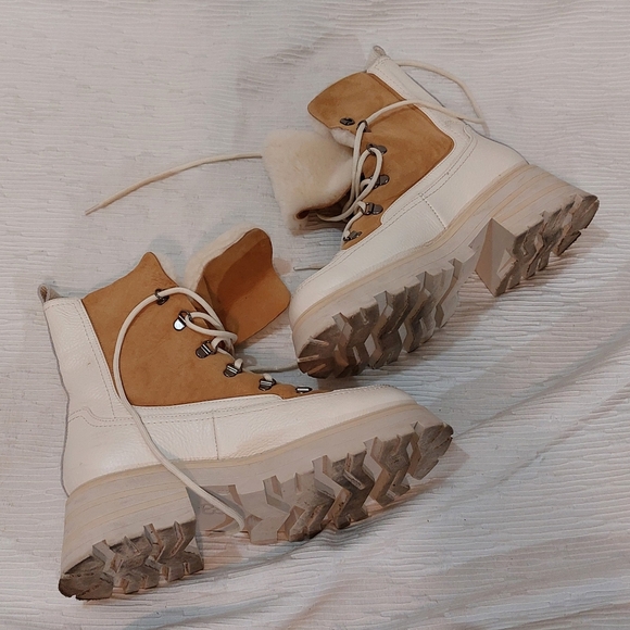 Beautiisoles Lace Up Platform Tan & Cream Fur Lined  Boots Size 9 - Picture 8 of 13